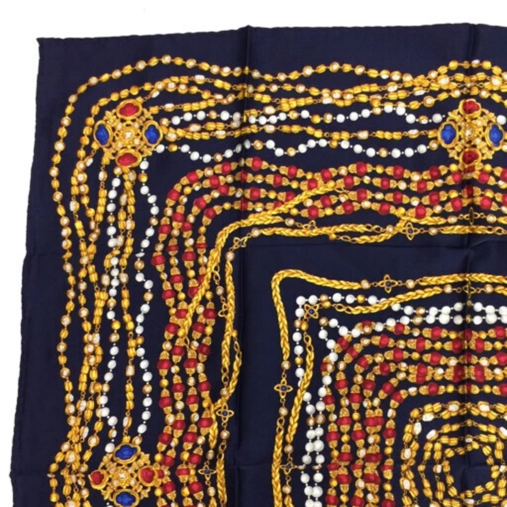 Authentic CHANEL Silk head Scarf large 34”x 34” 87cm Navy Red Gold Classic rope - Picture 7 of 16